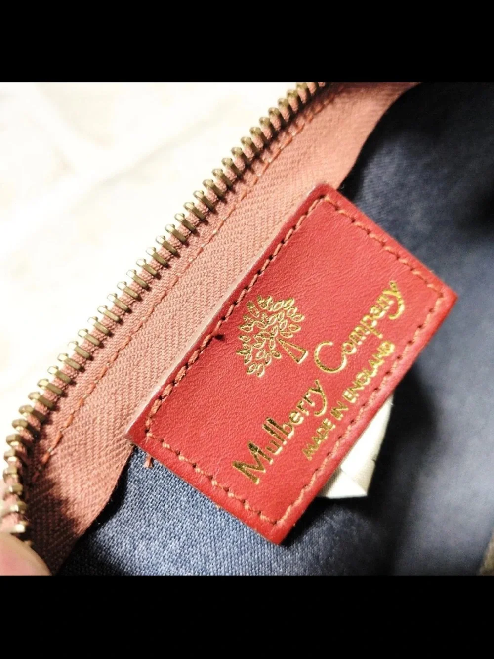 Mulberry Pebbled Leather Zip Pouch in Taupe with Red Accents